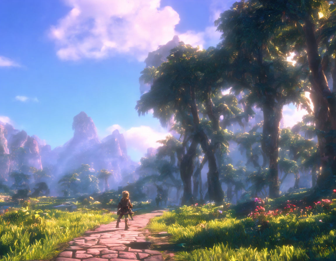 Character strolls cobblestone path in vibrant, sunlit forest with blooming flowers and distant mountains