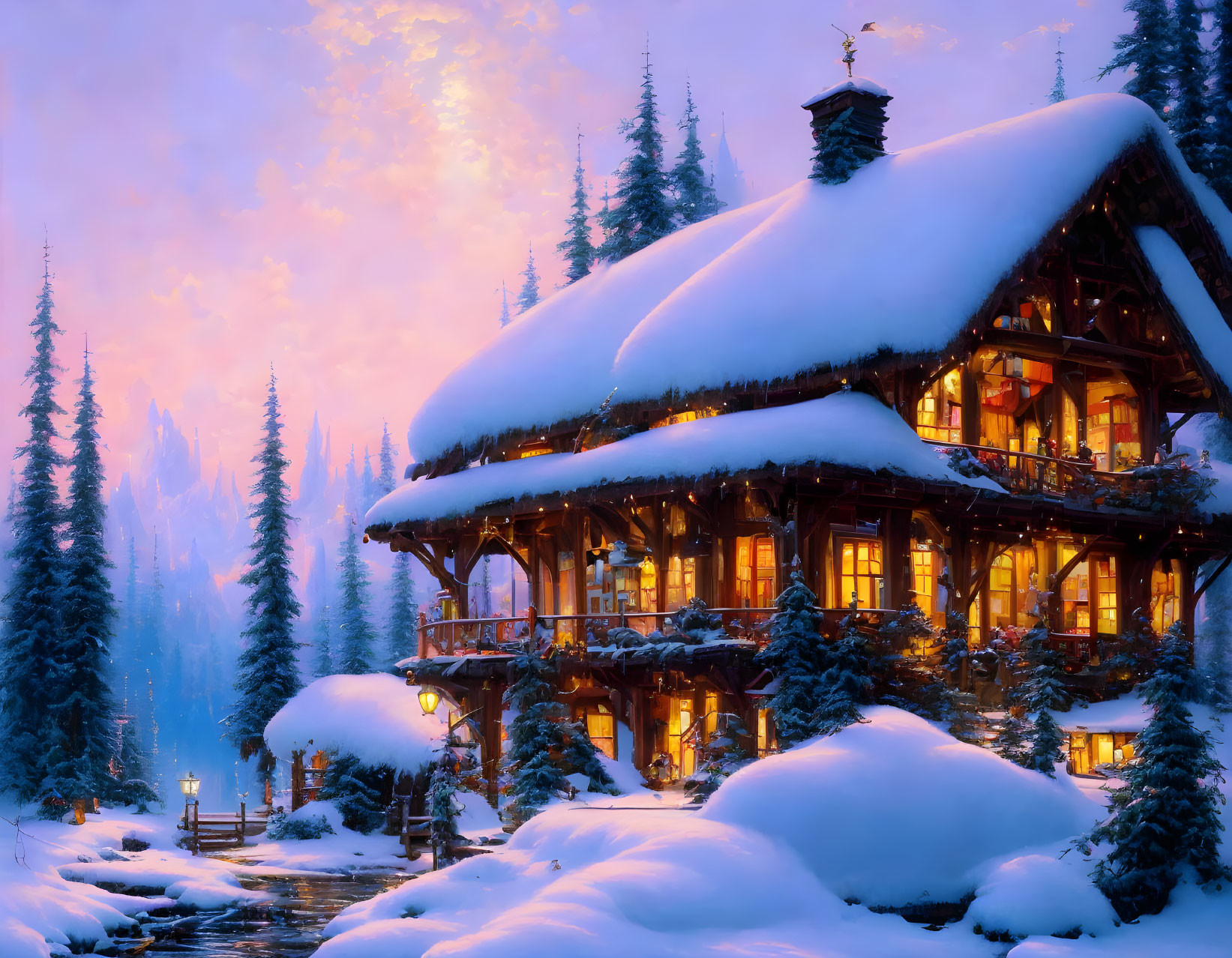 Snow-covered log cabin in winter forest with glowing lights and chimney smoke