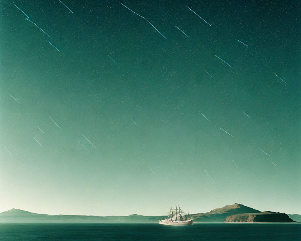 Night Seascape with Sailing Ship and Star Trails