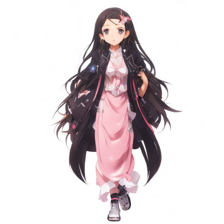 Anime girl in pink dress with floral accents and black jacket on white background