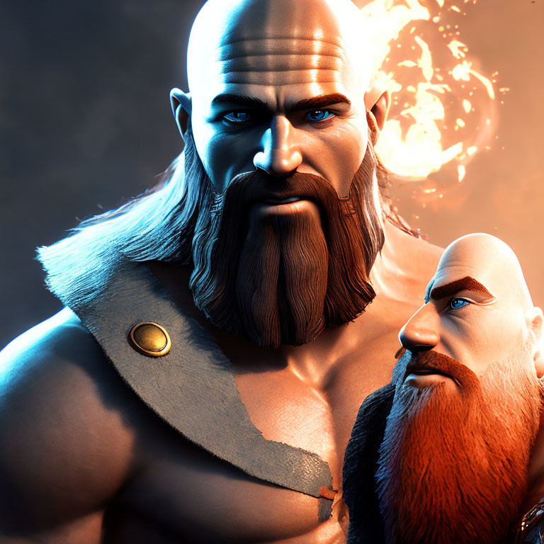 Digital artwork: Two muscular, bearded Norse warrior men with intense blue eyes and fiery orb.