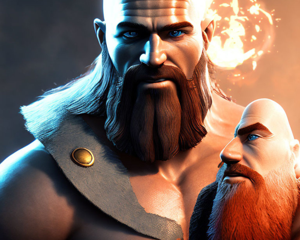 Digital artwork: Two muscular, bearded Norse warrior men with intense blue eyes and fiery orb.