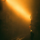 Silhouetted Figure Near House Under Amber Sky with Streetlight and Light Streak