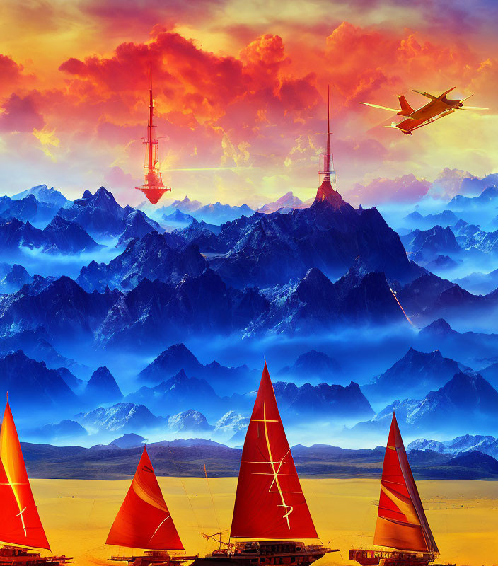 Surreal landscape with fiery sky, mountains, planes, and red sailboats