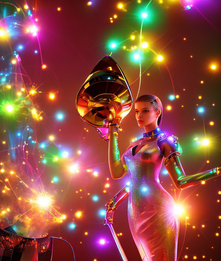 Futuristic woman in shimmering dress with horn instrument in vibrant lights