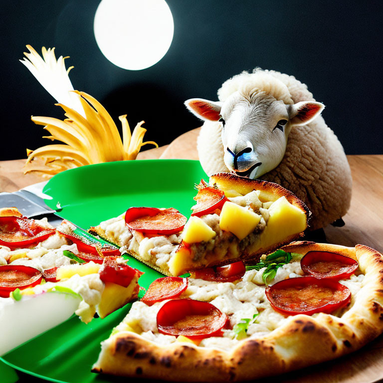 Plush sheep toy with pepperoni pizza, bananas, and circular light