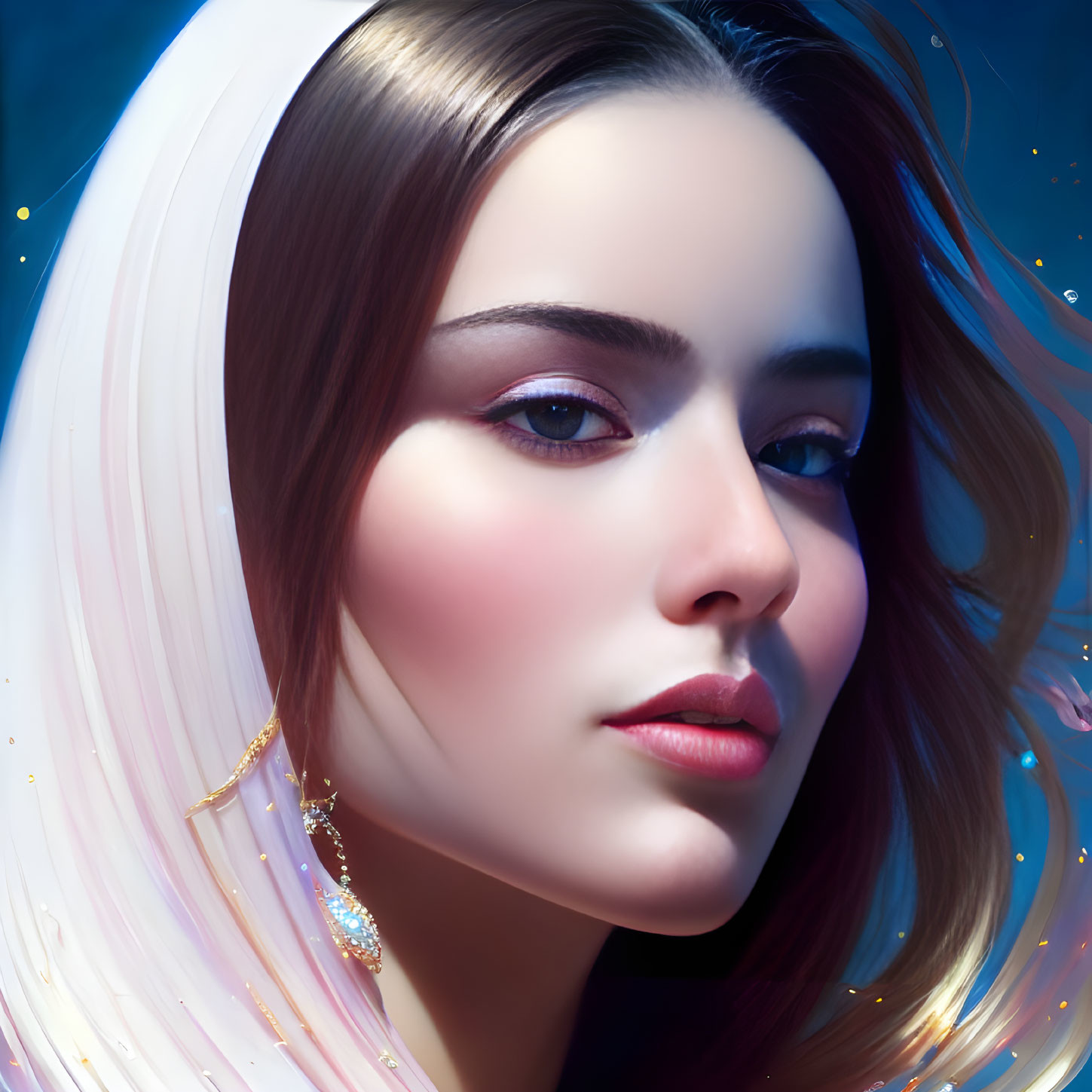 Woman's digital portrait: Blue-eyed, glossy lips, white hair with pink highlights on celestial backdrop