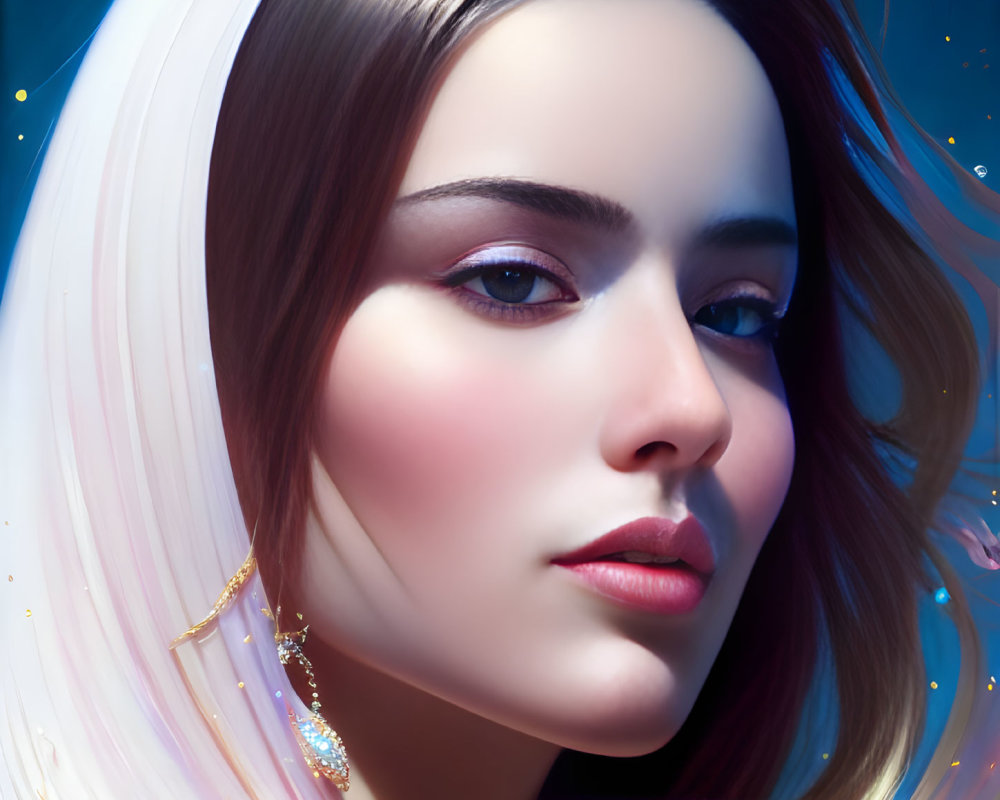 Woman's digital portrait: Blue-eyed, glossy lips, white hair with pink highlights on celestial backdrop