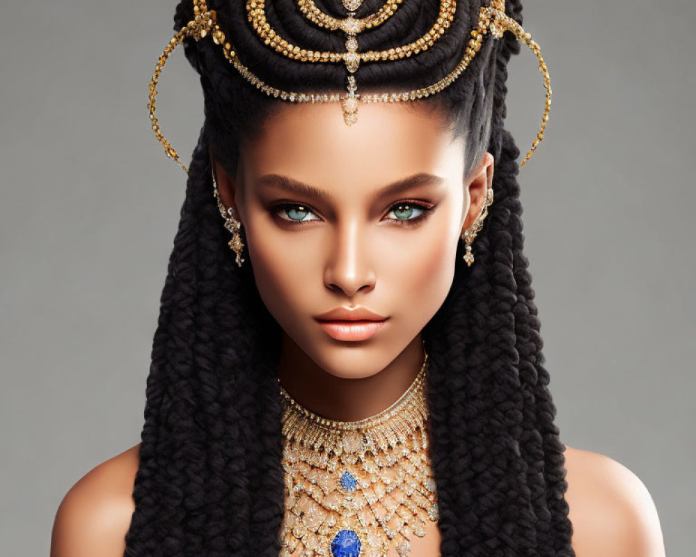 Elaborate Braided Hairstyle and Gold Jewelry on Woman Against Grey Background