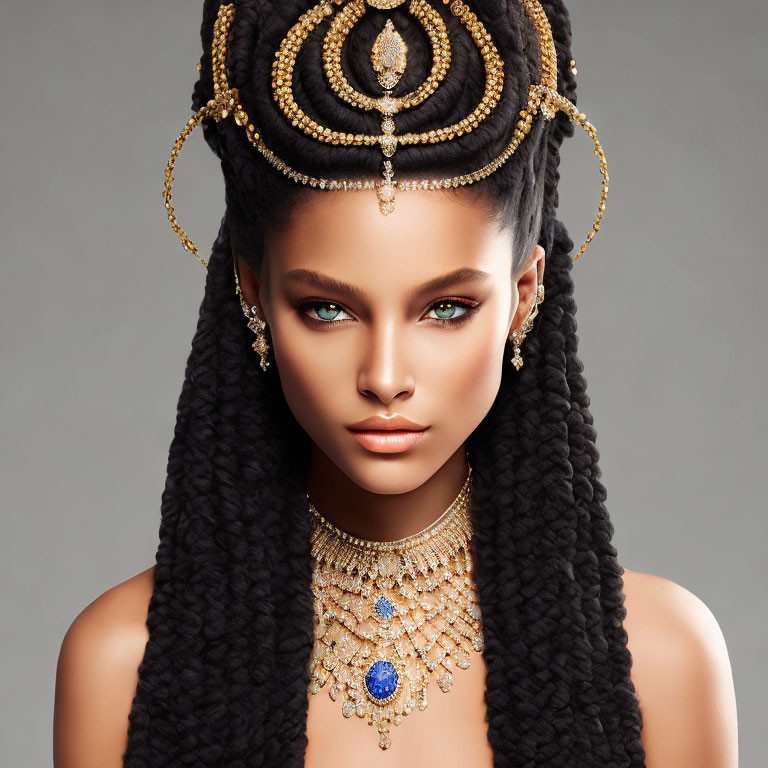 Elaborate Braided Hairstyle and Gold Jewelry on Woman Against Grey Background