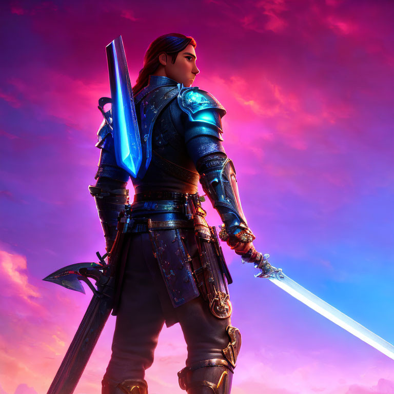 3D-rendered knight in blue armor with glowing sword against pink and purple sky