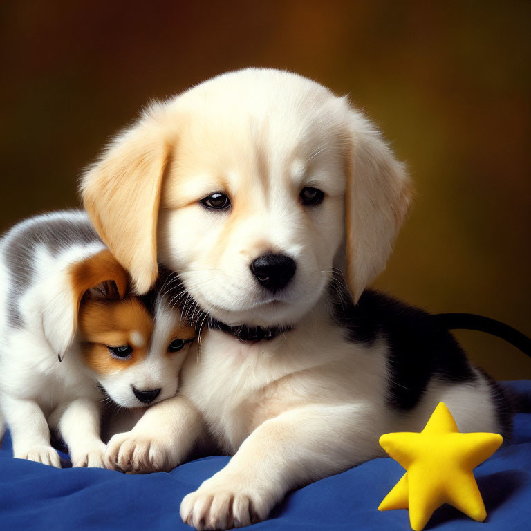 Two adorable puppies snuggled beside a yellow star-shaped toy