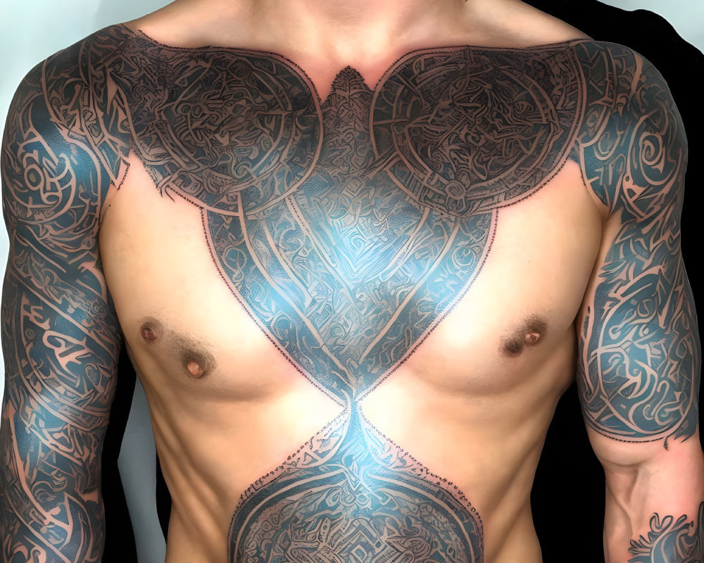 Person with Tribal and Patterned Tattoos on Chest and Arms