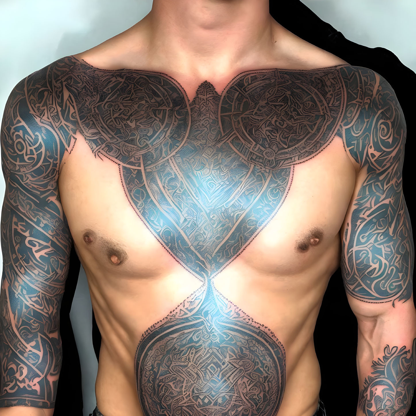 Person with Tribal and Patterned Tattoos on Chest and Arms