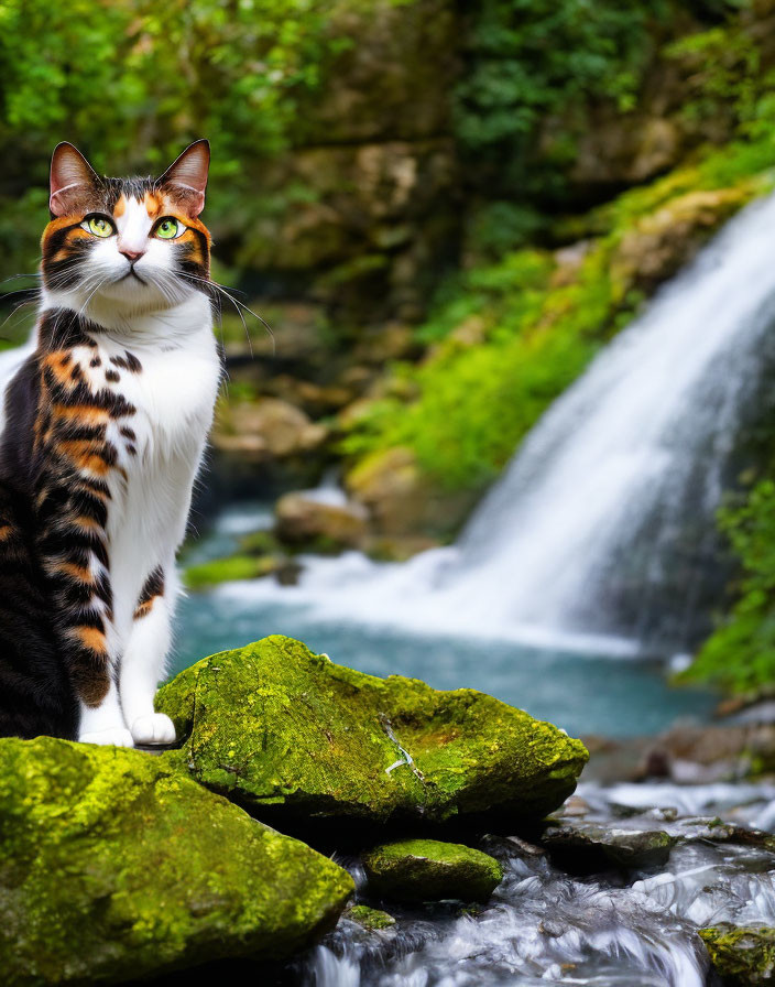 Calico Cat on Moss-Covered Rocks by Waterfall