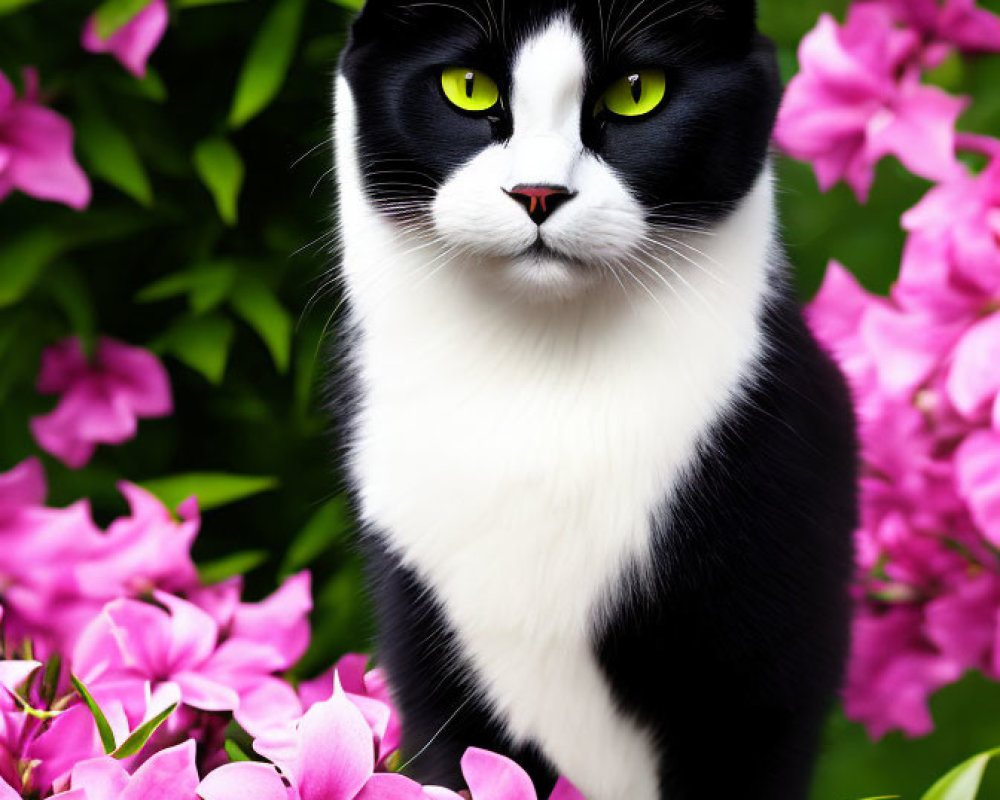 Black and White Cat with Green Eyes Surrounded by Pink Flowers