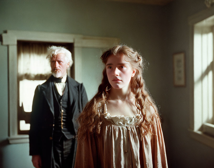 Vintage-dressed girl and older man in a sunlit room.