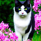 Black and White Cat with Green Eyes Surrounded by Pink Flowers