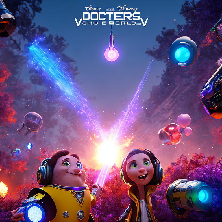 Futuristic forest scene with animated characters and robots