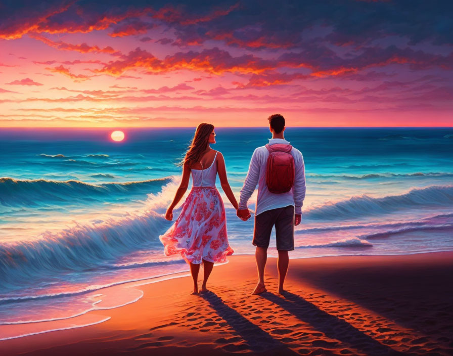 Romantic couple walking on beach at sunset with crashing waves