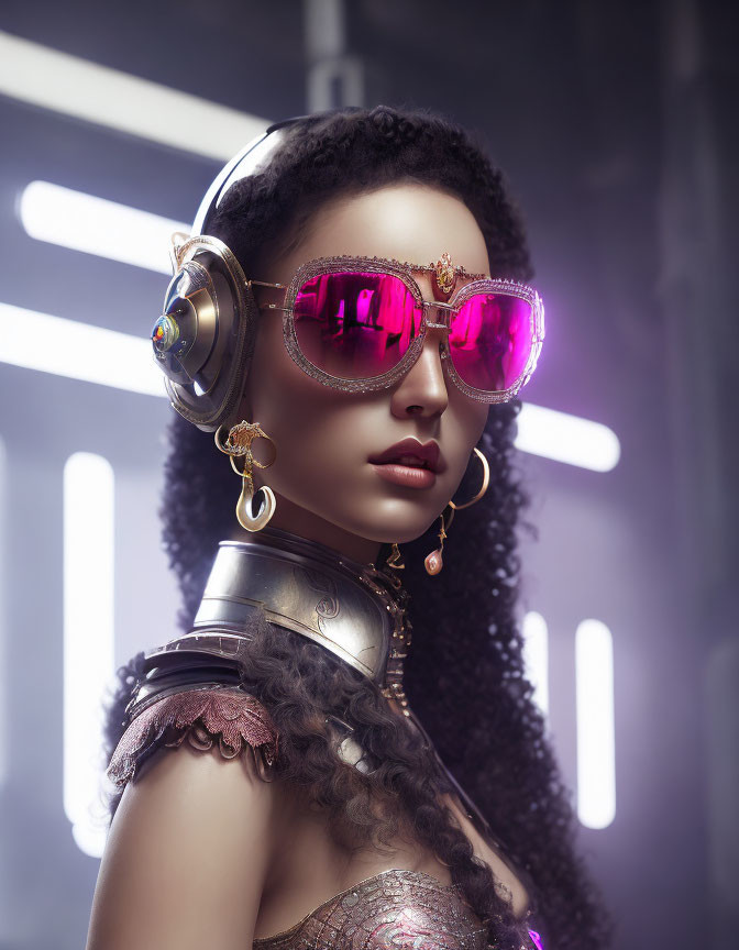 Futuristic woman in pink-tinted glasses and metallic outfit on illuminated background