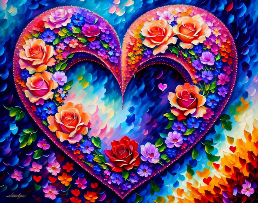 Colorful Flower Heart Painting on Abstract Background