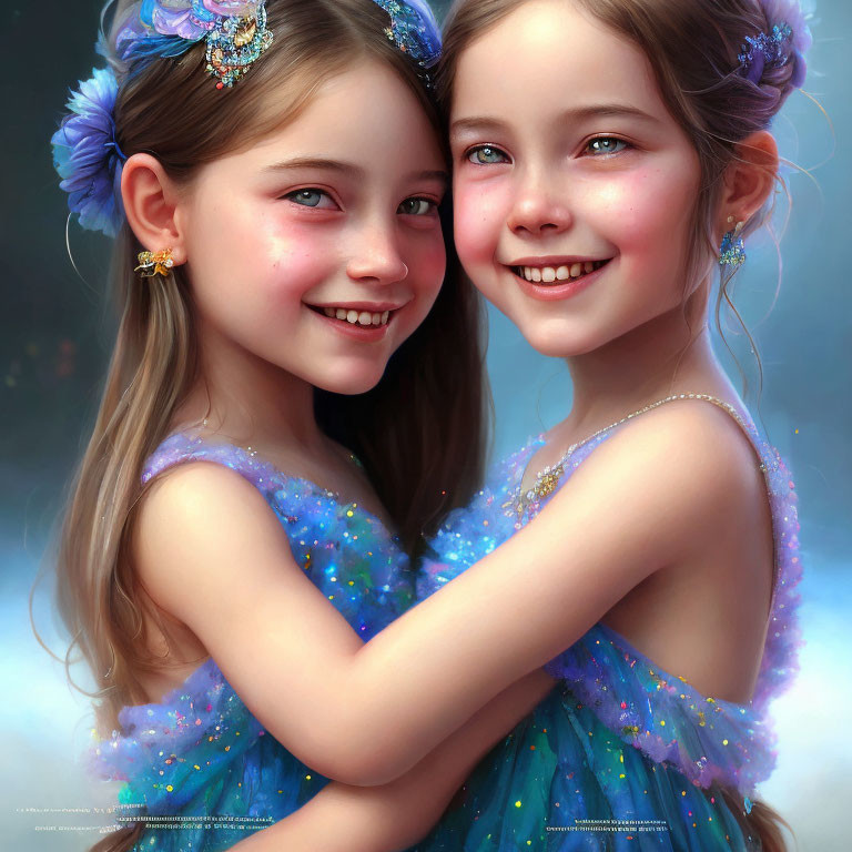 Twin girls in blue dresses hugging with flower accessories in soft-focus background