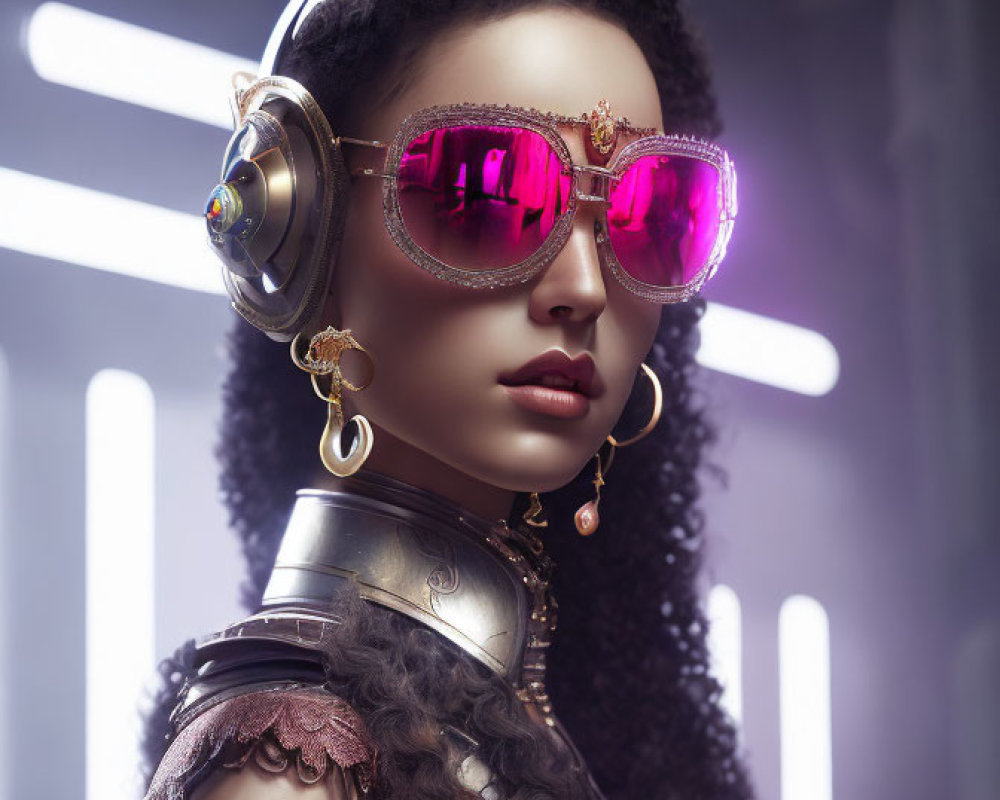 Futuristic woman in pink-tinted glasses and metallic outfit on illuminated background