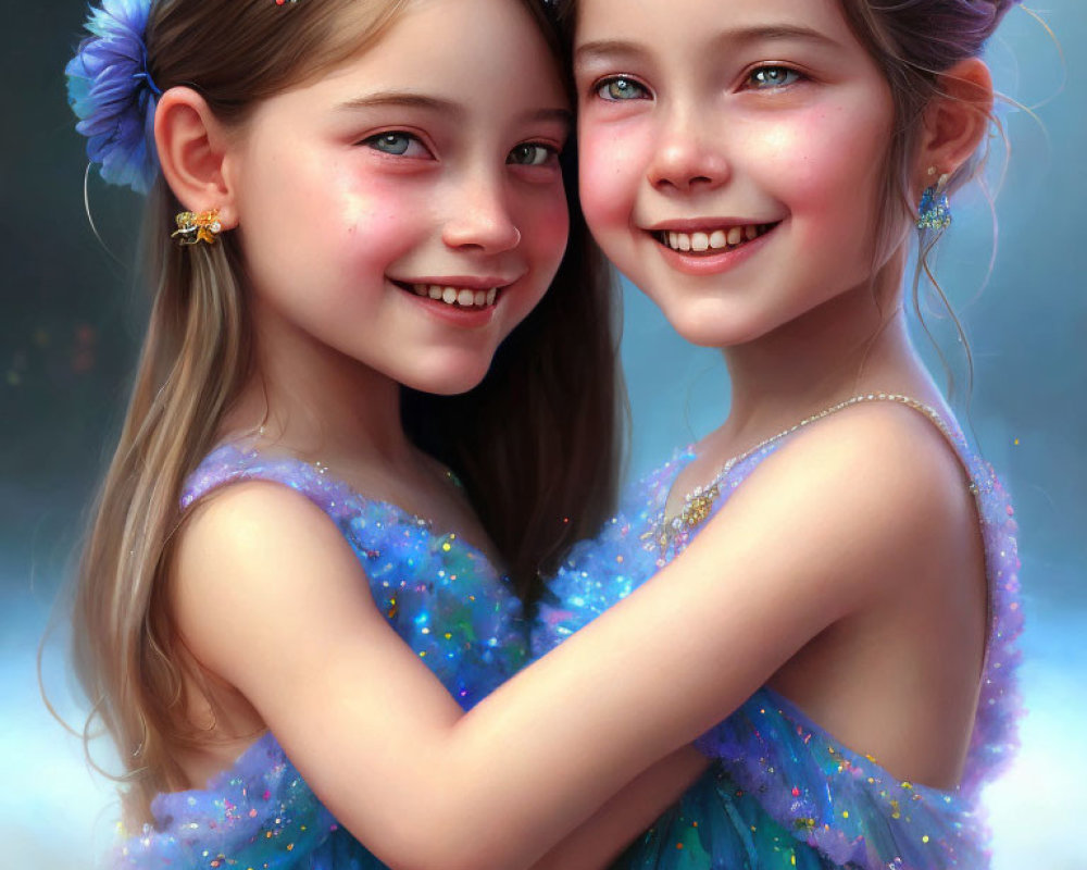 Twin girls in blue dresses hugging with flower accessories in soft-focus background