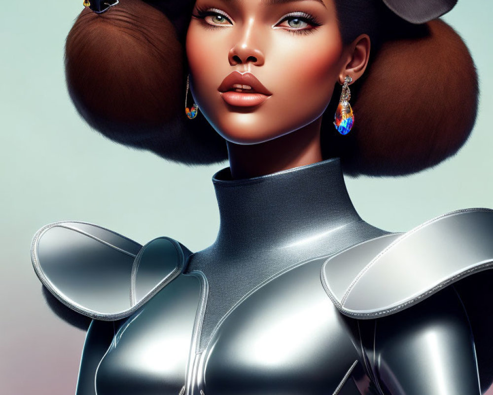 Futuristic digital artwork featuring woman in silver outfit