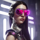 Futuristic woman in pink-tinted glasses and metallic outfit on illuminated background