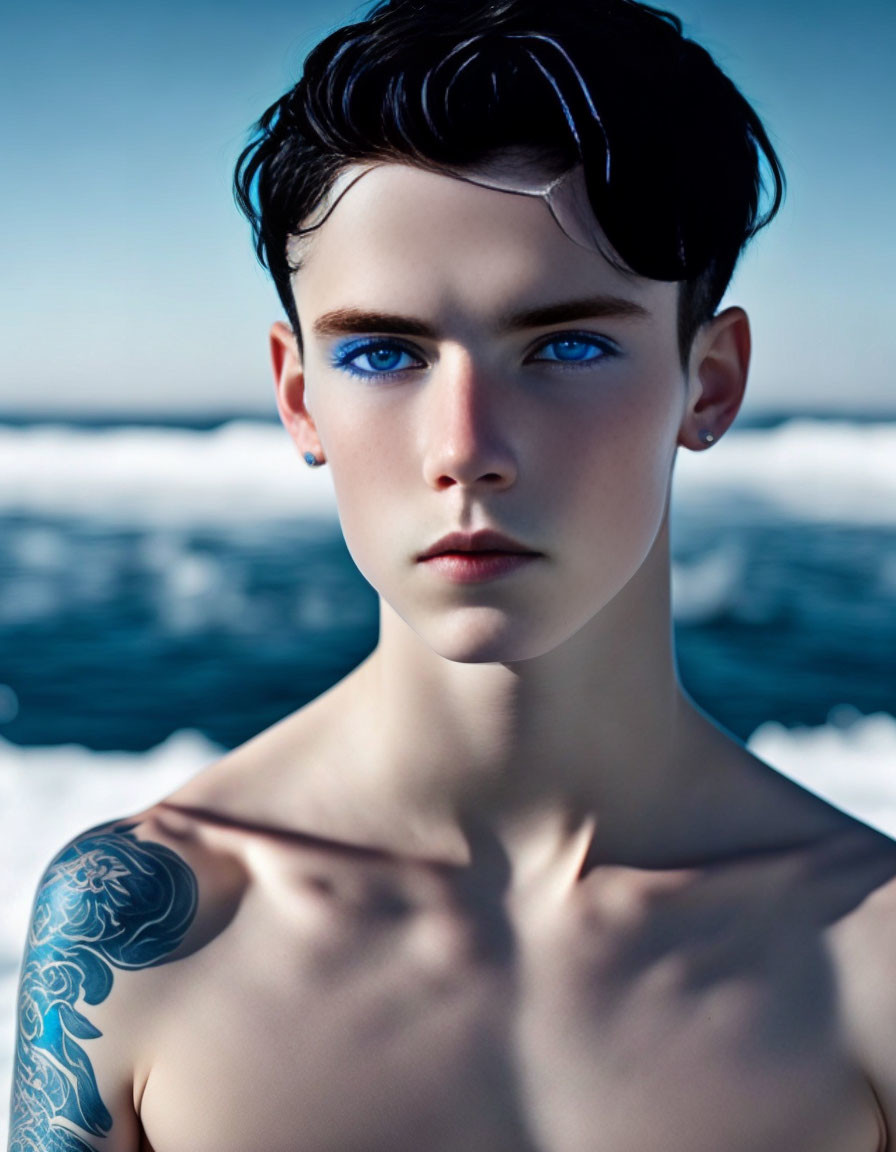 Portrait of person with pale skin, blue eyes, dark hair, and shoulder tattoo against blurred blue water