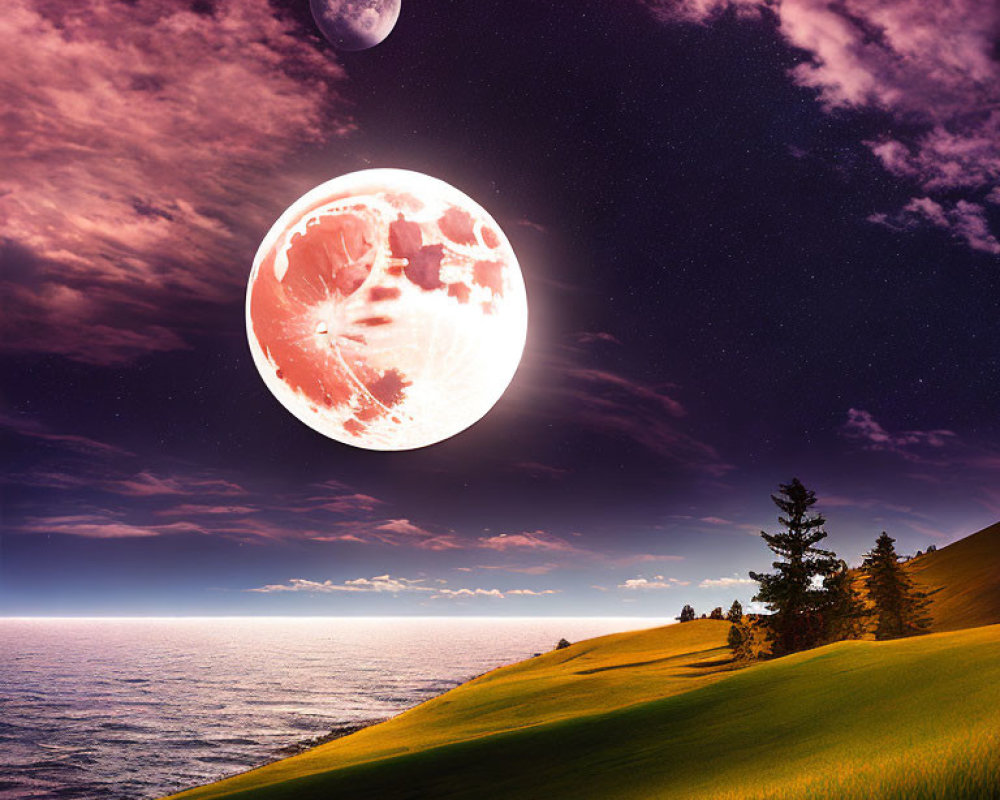 Surreal landscape with large red moon, small white moon, night sea, grassy cliff,