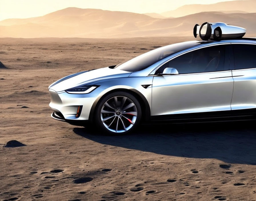 Silver Electric SUV with Roof-Mounted Sensors on Sandy Terrain