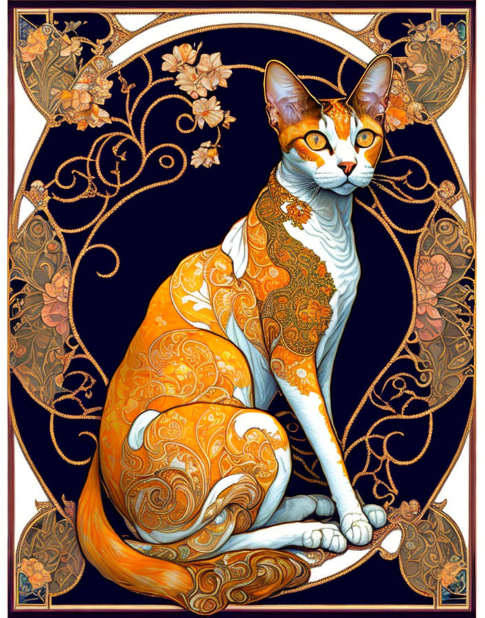 Illustrated Cat with Gold Patterns on Blue Background and Floral Motifs