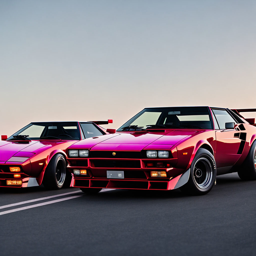 Classic Sports Cars in Vibrant Pink, Angular Designs, Parked Side by Side at Dusk