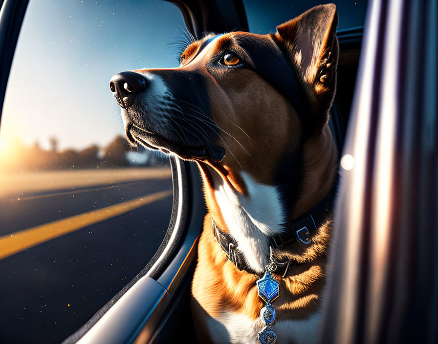 Dog with tag in car window gazes at sunset road