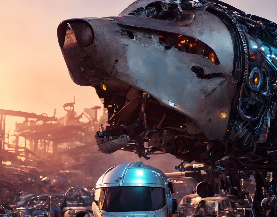 Detailed Close-Up of Humanoid Robot in Junkyard at Sunset