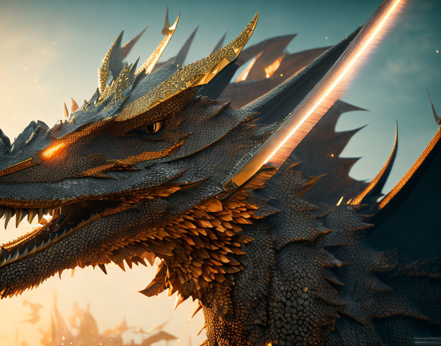 Detailed Close-Up of Dragon with Intricate Scales and Glowing Eyes Against Sunset Sky