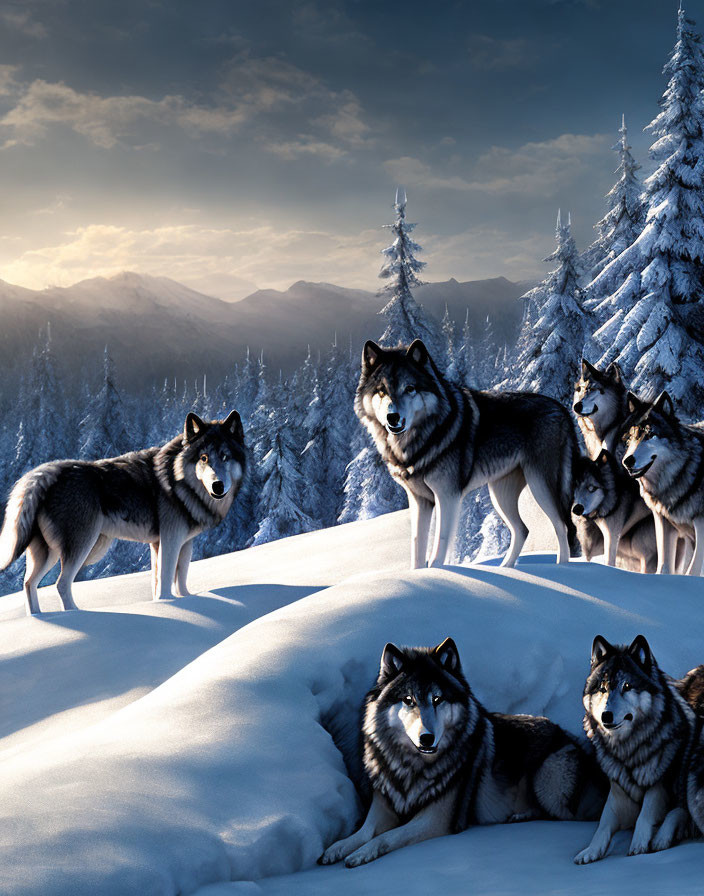 Wolves in snowy forest at sunset