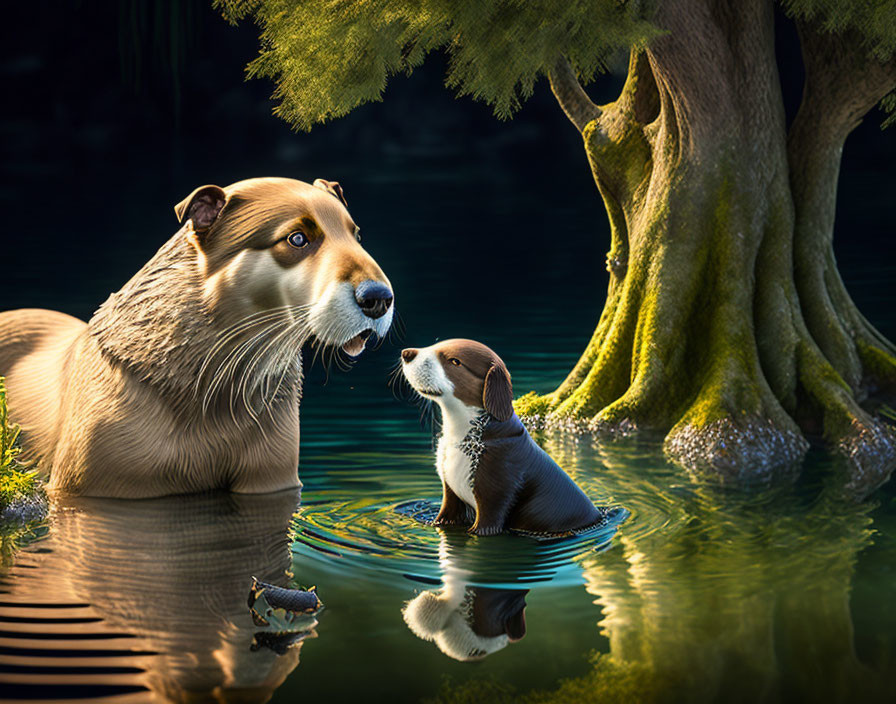 Two dogs, one large with a lion's mane, beside a small dog in a serene pond with