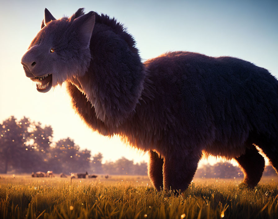 Furry wolf-like creature in sunlit field with trees