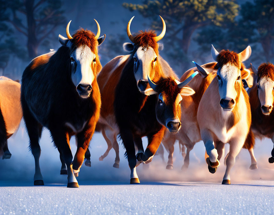 Wild horses with thick manes galloping in snowy forest at dusk