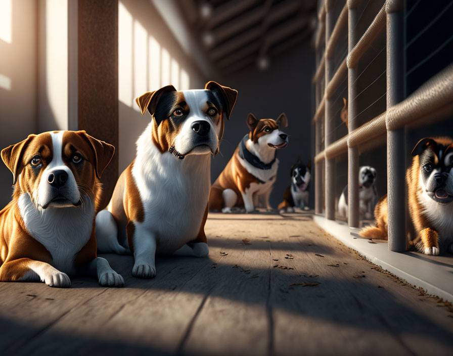 Cartoon Dogs Sitting Inside Shaded Structure with Expressive Faces