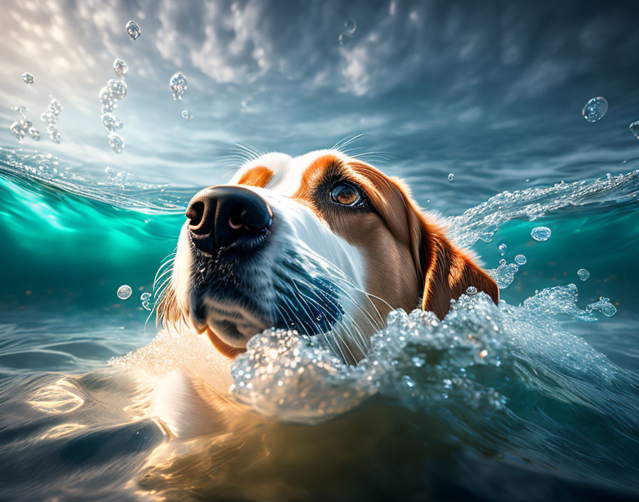 Beagle swimming in water with bubbles and ripples under dramatic sky