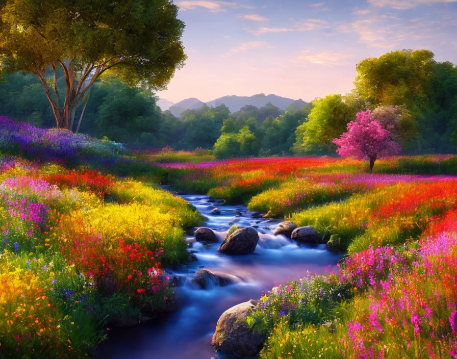 Colorful meadow with vibrant stream and blooming flowers at sunrise