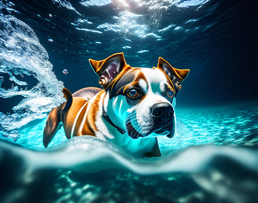 Brown and White Dog Swimming in Clear Blue Water with Striking Eyes