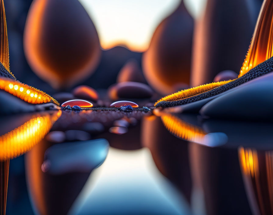 Close-Up Zipper with Bokeh Effect and Orange Lights on Reflective Surface