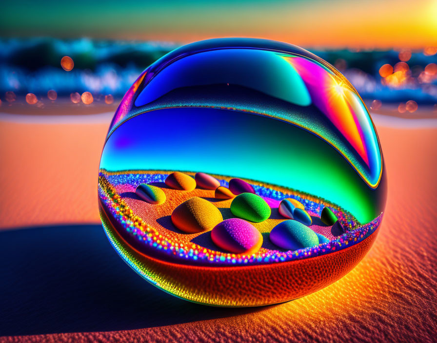 Colorful Glass Sphere with Pebbles on Sandy Surface at Sunset