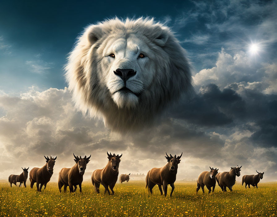 White lion head above antelopes in vibrant field under dynamic sky